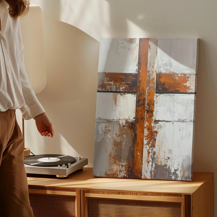 Rustic Wooden Cross Canvas – Minimalist Christian Wall Art with Earthy Texture and Aged Beauty - Gifitto