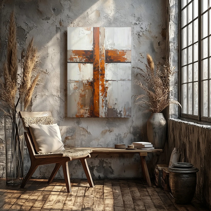 Rustic Wooden Cross Canvas – Minimalist Christian Wall Art with Earthy Texture and Aged Beauty - Gifitto