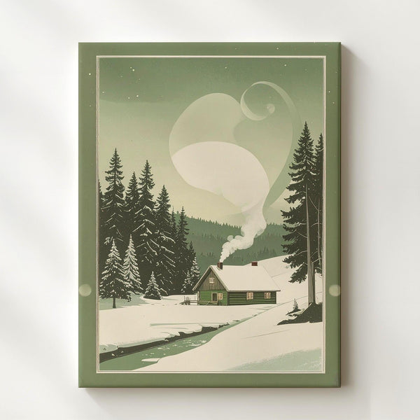 Minimalist Winter Cabin Canvas – Peaceful Green & White Holiday Landscape Art - Gifitto