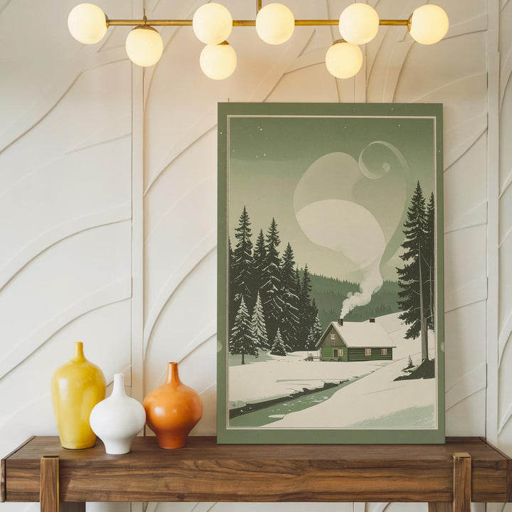 Minimalist Winter Cabin Canvas – Peaceful Green & White Holiday Landscape Art - Gifitto