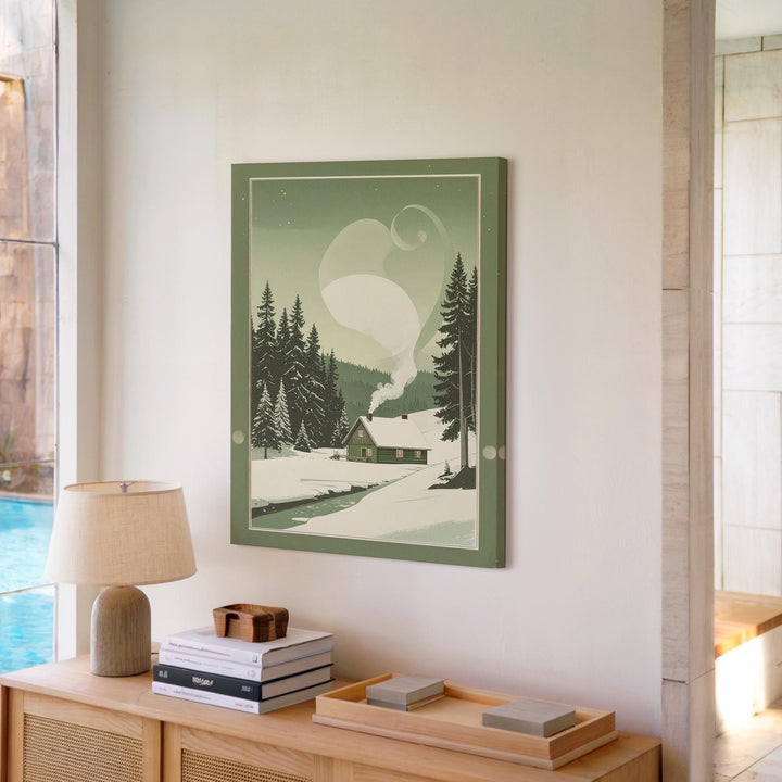 Minimalist Winter Cabin Canvas – Peaceful Green & White Holiday Landscape Art - Gifitto