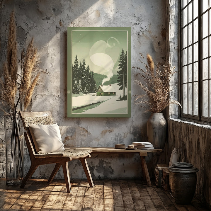 Minimalist Winter Cabin Canvas – Peaceful Green & White Holiday Landscape Art - Gifitto