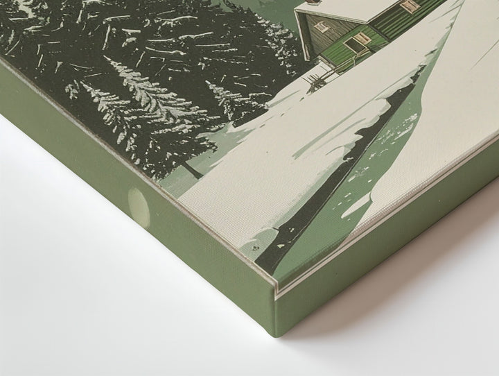 Minimalist Winter Cabin Canvas – Peaceful Green & White Holiday Landscape Art - Gifitto