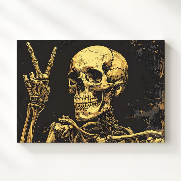 Peaceful Bones Canvas – Golden Skeleton with Humorous Rebel Spirit - Gifitto