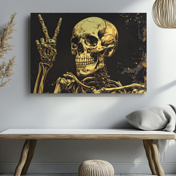 Peaceful Bones Canvas – Golden Skeleton with Humorous Rebel Spirit - Gifitto