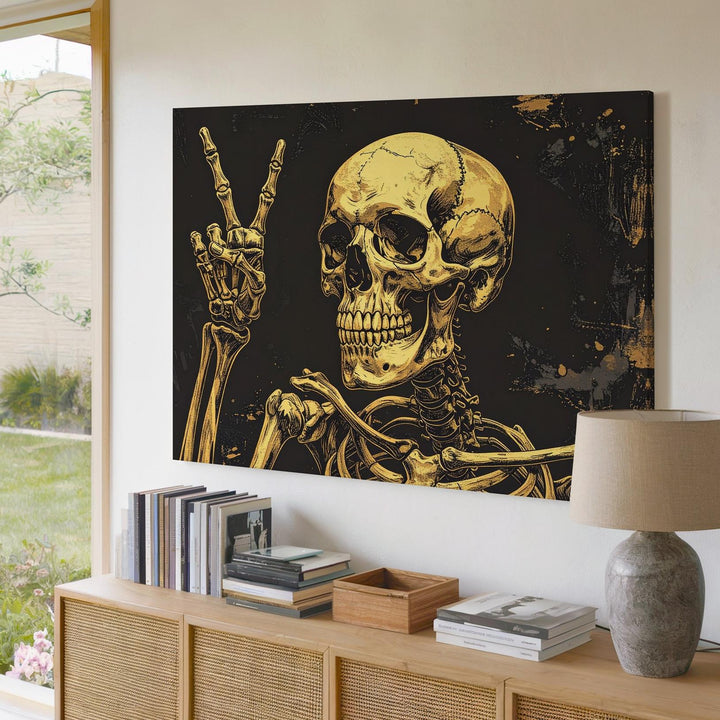 Peaceful Bones Canvas – Golden Skeleton with Humorous Rebel Spirit - Gifitto