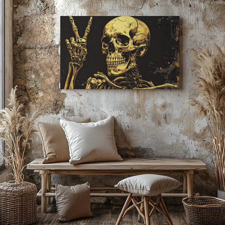 Peaceful Bones Canvas – Golden Skeleton with Humorous Rebel Spirit - Gifitto