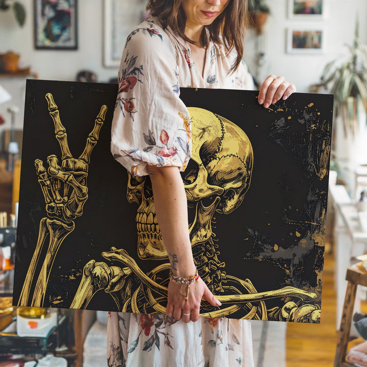 Peaceful Bones Canvas – Golden Skeleton with Humorous Rebel Spirit - Gifitto