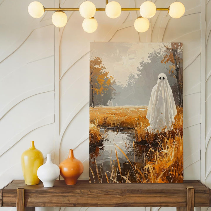 Ghost in Misty Forest Clearing Canvas – Poetic Halloween Wall Art - Gifitto