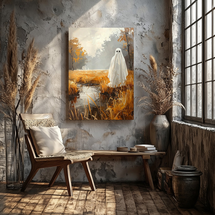 Ghost in Misty Forest Clearing Canvas – Poetic Halloween Wall Art - Gifitto