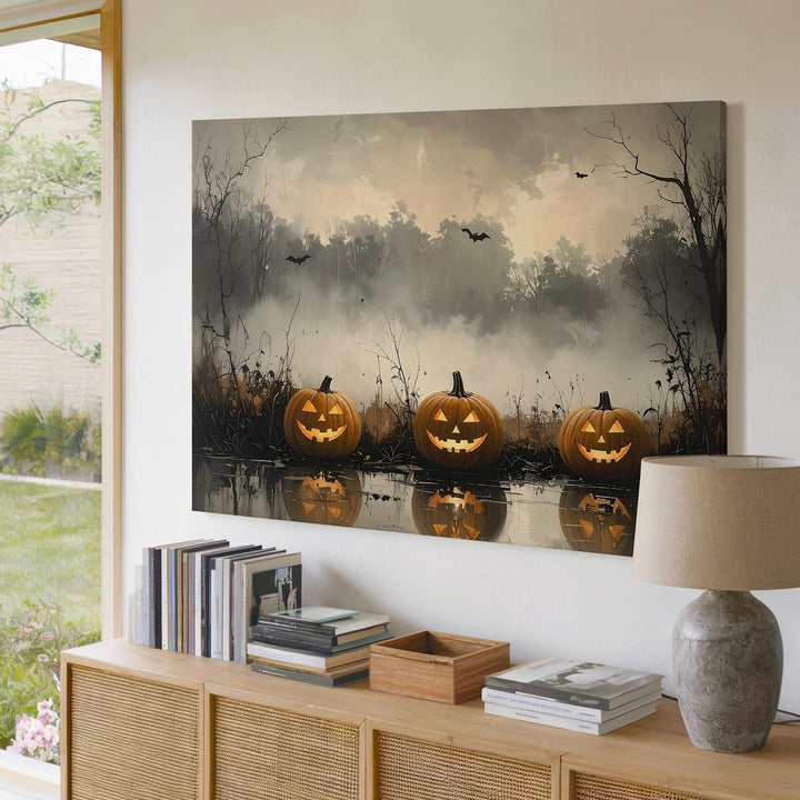 Haunted Pumpkin Reflection Canvas – Dreamlike Halloween Dusk Scene - Gifitto