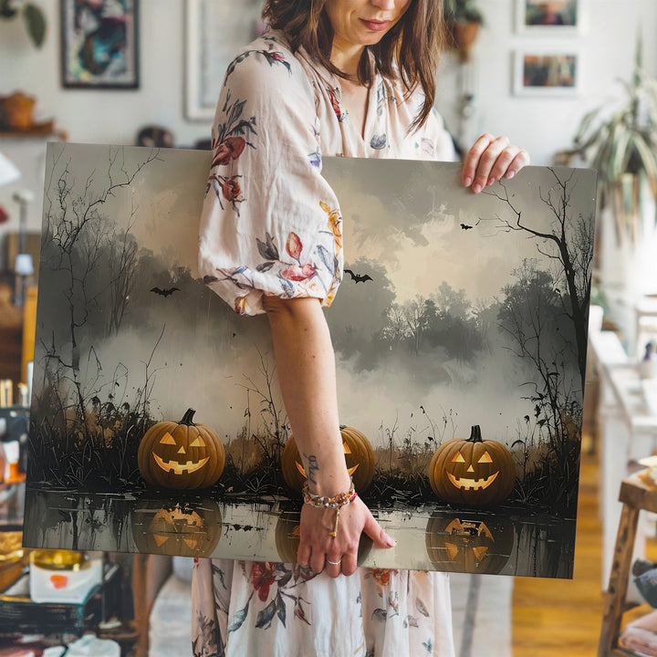 Haunted Pumpkin Reflection Canvas – Dreamlike Halloween Dusk Scene - Gifitto