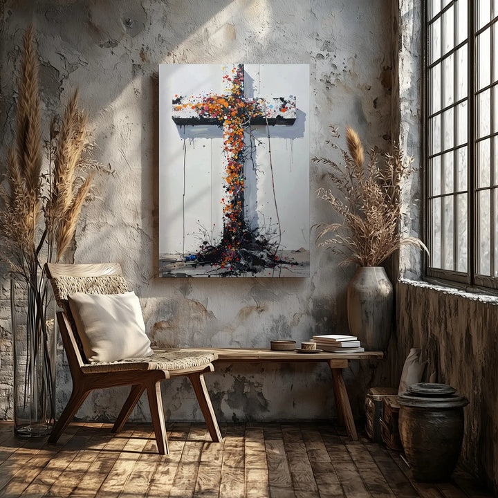 Abstract Color Cross Canvas – Modern Christian Wall Art of Sacrifice and Spiritual Expression - Gifitto