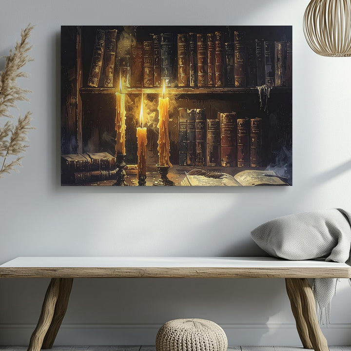 Arcane Library Corner Canvas – Moody Candlelit Sorcery Wall Art - Gifitto