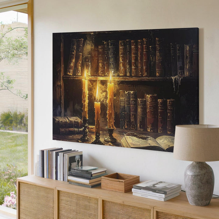Arcane Library Corner Canvas – Moody Candlelit Sorcery Wall Art - Gifitto