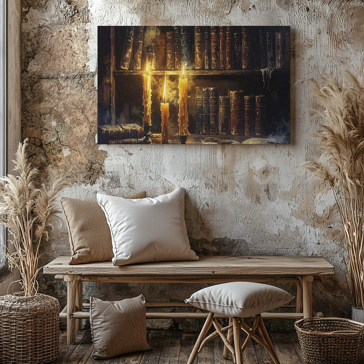 Arcane Library Corner Canvas – Moody Candlelit Sorcery Wall Art - Gifitto