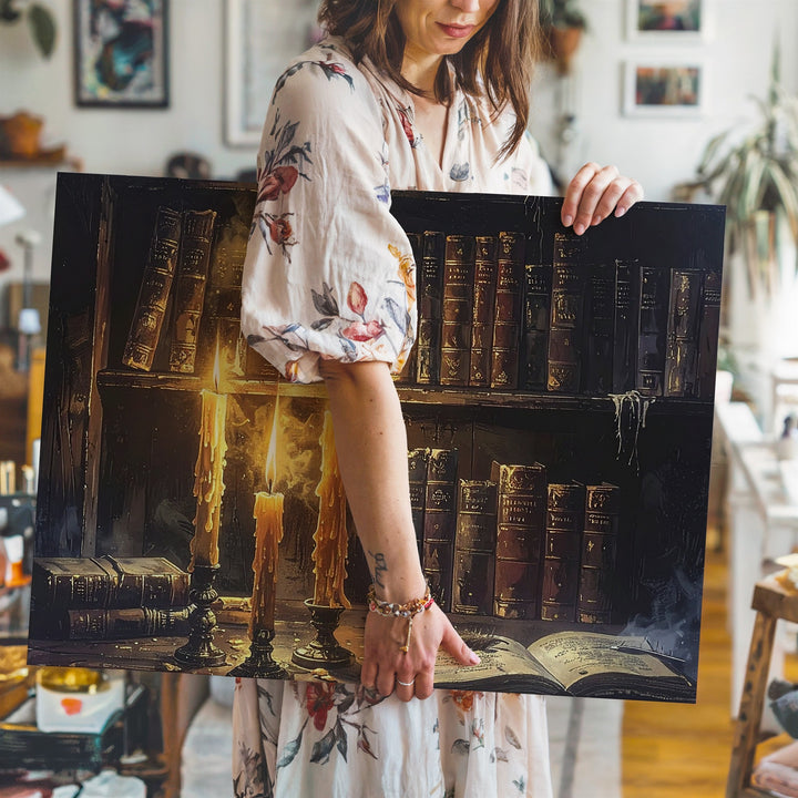 Arcane Library Corner Canvas – Moody Candlelit Sorcery Wall Art - Gifitto