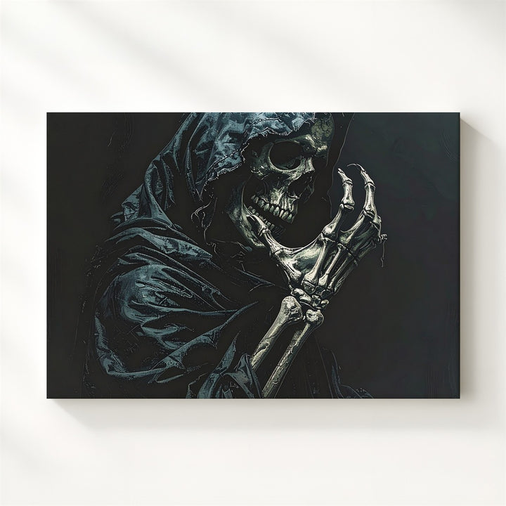 Veiled Reaper Canvas – Stylized Skeleton in Indigo Cloak of Mystery - Gifitto