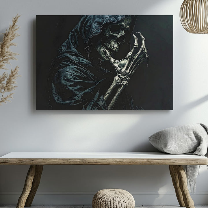 Veiled Reaper Canvas – Stylized Skeleton in Indigo Cloak of Mystery - Gifitto