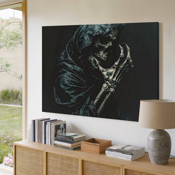 Veiled Reaper Canvas – Stylized Skeleton in Indigo Cloak of Mystery - Gifitto