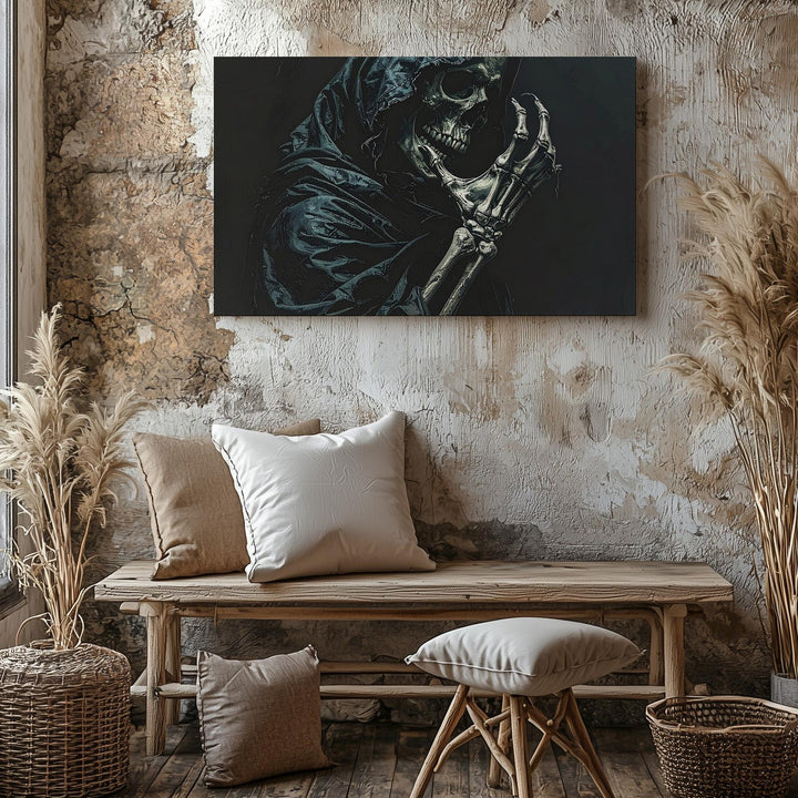 Veiled Reaper Canvas – Stylized Skeleton in Indigo Cloak of Mystery - Gifitto