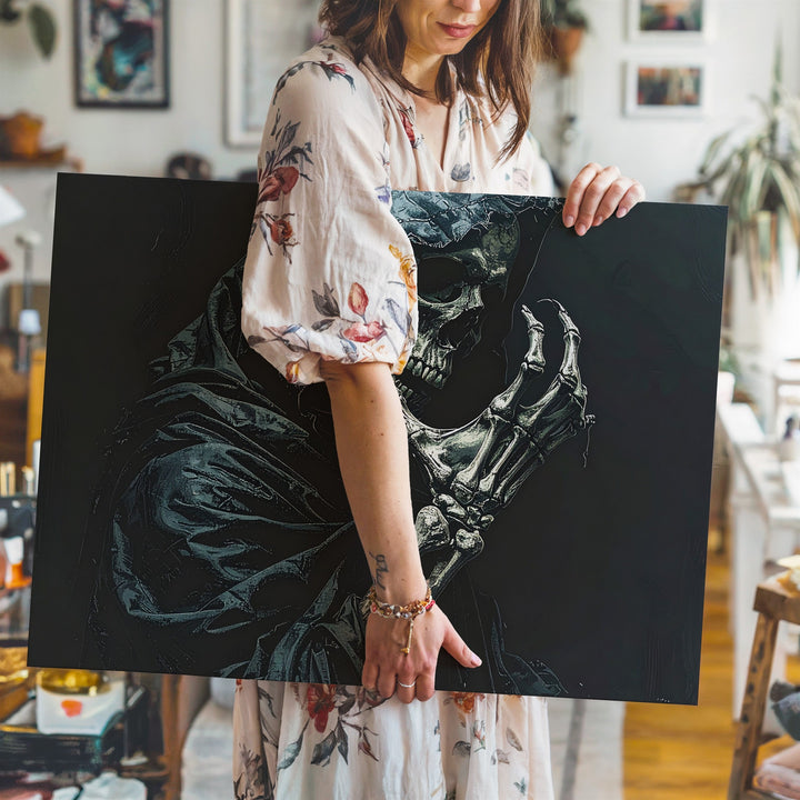 Veiled Reaper Canvas – Stylized Skeleton in Indigo Cloak of Mystery - Gifitto