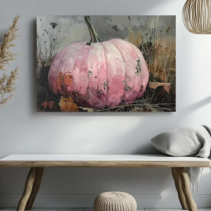 Fading Autumn Pumpkin Canvas – Pale Pink Gourd in Desaturated Field - Gifitto