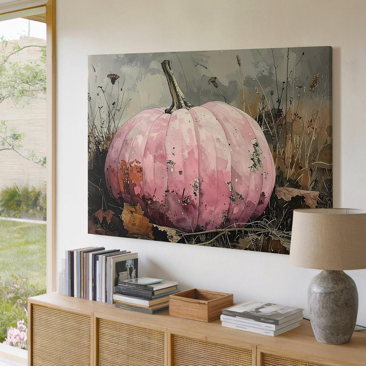 Fading Autumn Pumpkin Canvas – Pale Pink Gourd in Desaturated Field - Gifitto