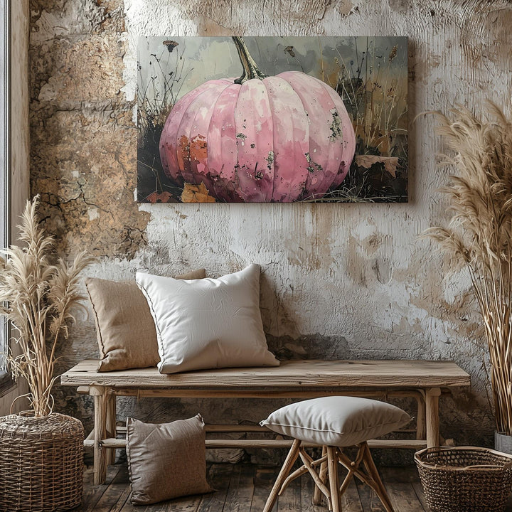 Fading Autumn Pumpkin Canvas – Pale Pink Gourd in Desaturated Field - Gifitto