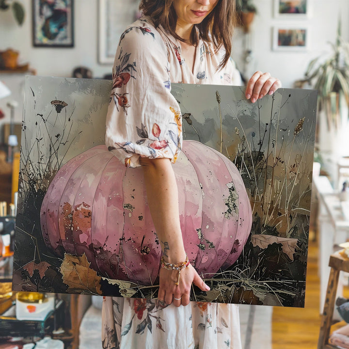 Fading Autumn Pumpkin Canvas – Pale Pink Gourd in Desaturated Field - Gifitto