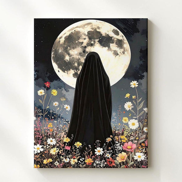 Veiled Figure Under Full Moon Canvas – Mystical Halloween Wildflower Art - Gifitto