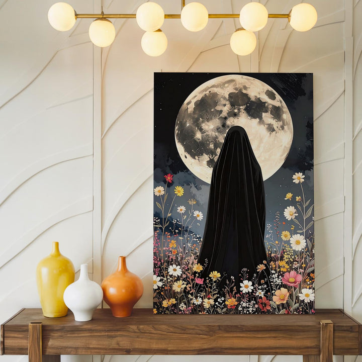 Veiled Figure Under Full Moon Canvas – Mystical Halloween Wildflower Art - Gifitto