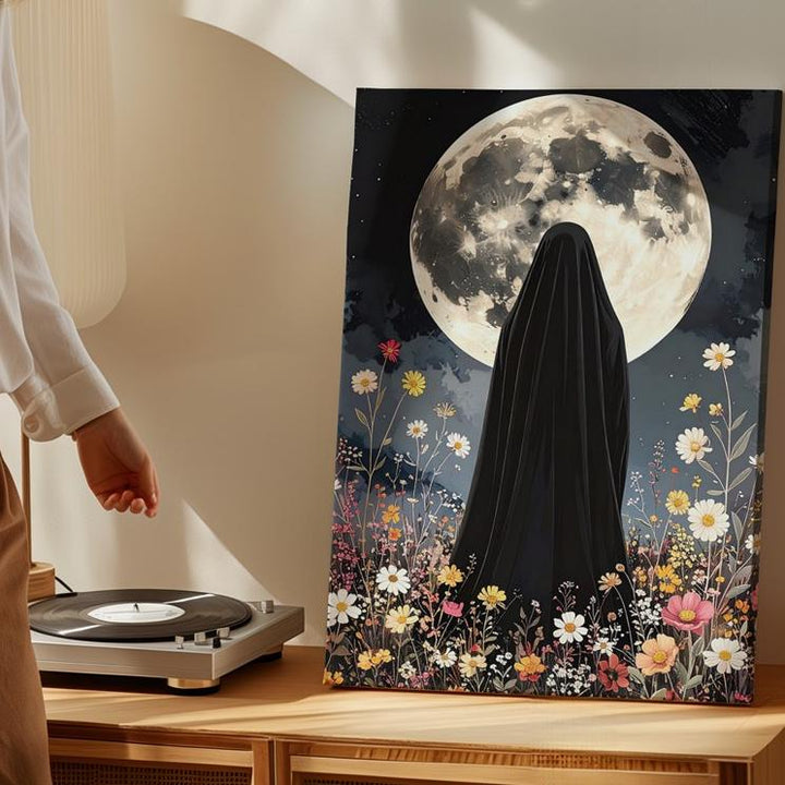 Veiled Figure Under Full Moon Canvas – Mystical Halloween Wildflower Art - Gifitto