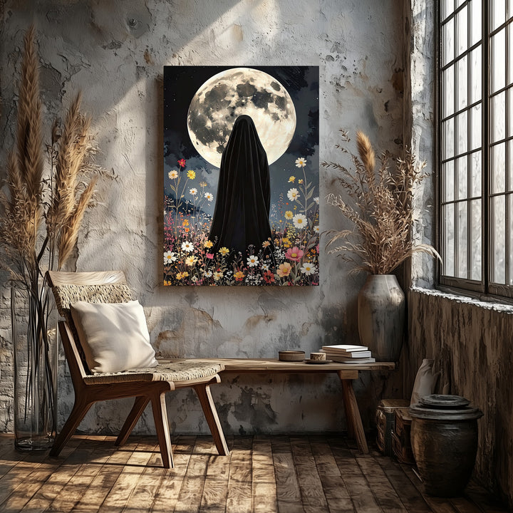 Veiled Figure Under Full Moon Canvas – Mystical Halloween Wildflower Art - Gifitto