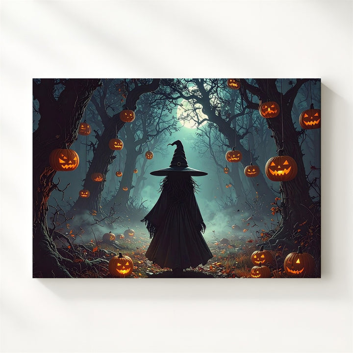 Moonlit Witch & Lantern Pumpkins Canvas – Mystical Halloween Forest Art - Gifitto