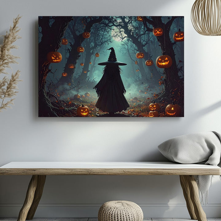 Moonlit Witch & Lantern Pumpkins Canvas – Mystical Halloween Forest Art - Gifitto