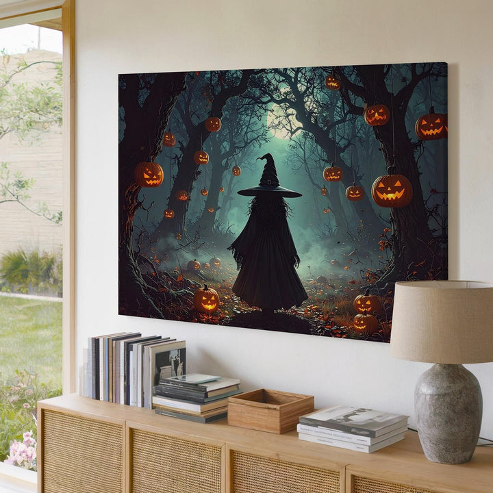 Moonlit Witch & Lantern Pumpkins Canvas – Mystical Halloween Forest Art - Gifitto