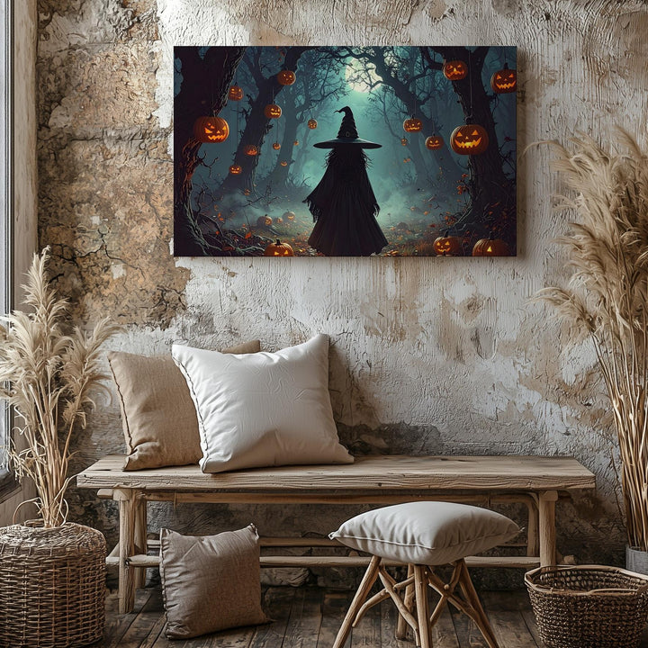 Moonlit Witch & Lantern Pumpkins Canvas – Mystical Halloween Forest Art - Gifitto