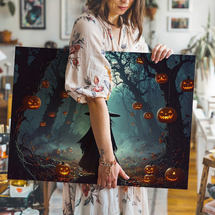 Moonlit Witch & Lantern Pumpkins Canvas – Mystical Halloween Forest Art - Gifitto