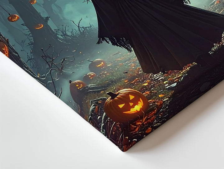 Moonlit Witch & Lantern Pumpkins Canvas – Mystical Halloween Forest Art - Gifitto