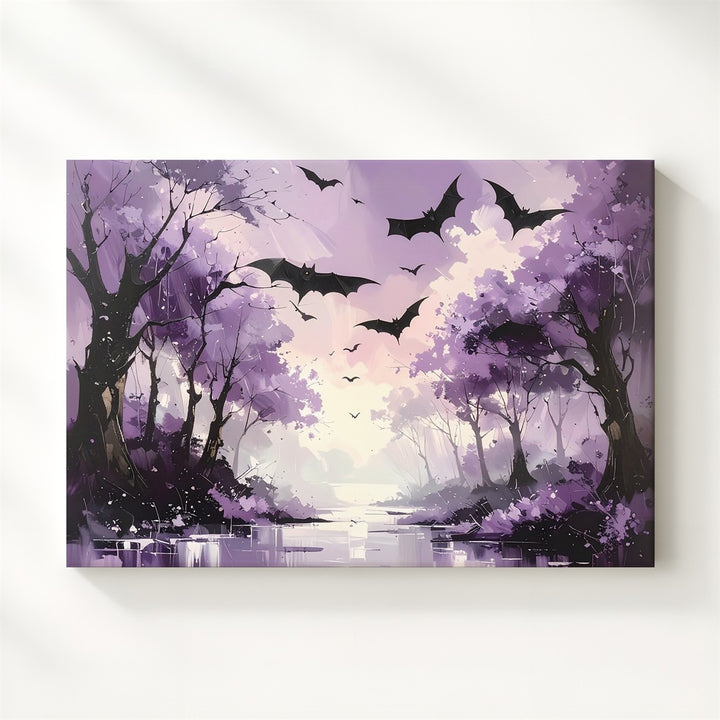 Lavender Bat Path Canvas – Ethereal Forest with Twilight Flight - Gifitto