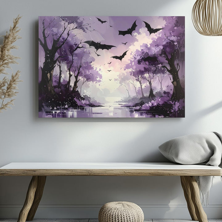 Lavender Bat Path Canvas – Ethereal Forest with Twilight Flight - Gifitto