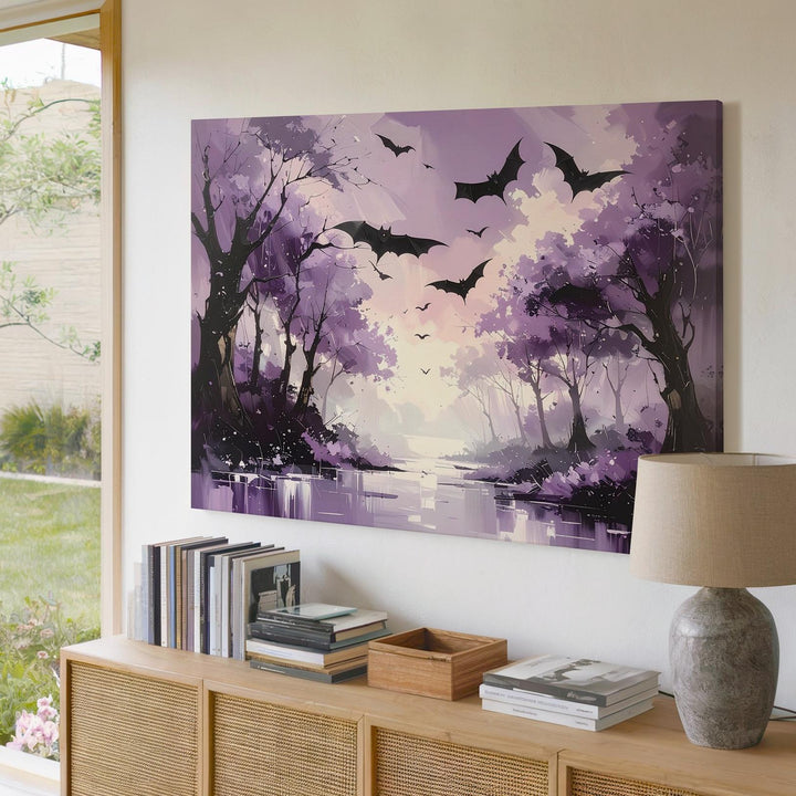 Lavender Bat Path Canvas – Ethereal Forest with Twilight Flight - Gifitto