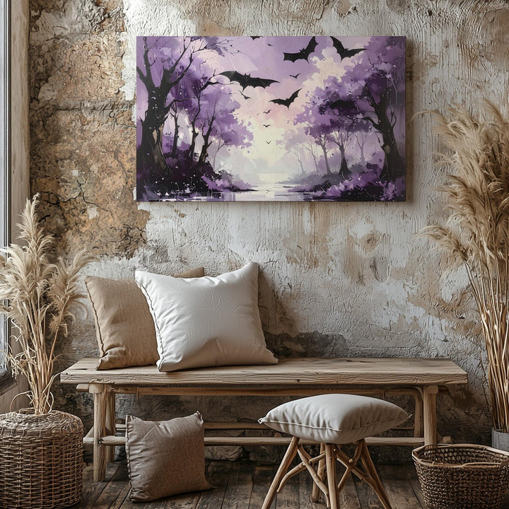 Lavender Bat Path Canvas – Ethereal Forest with Twilight Flight - Gifitto