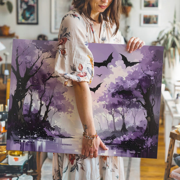 Lavender Bat Path Canvas – Ethereal Forest with Twilight Flight - Gifitto