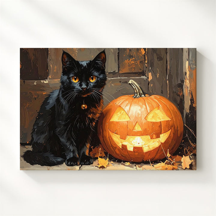 Black Cat & Glowing Pumpkin Canvas – Symmetrical Halloween Charm Wall Art - Gifitto