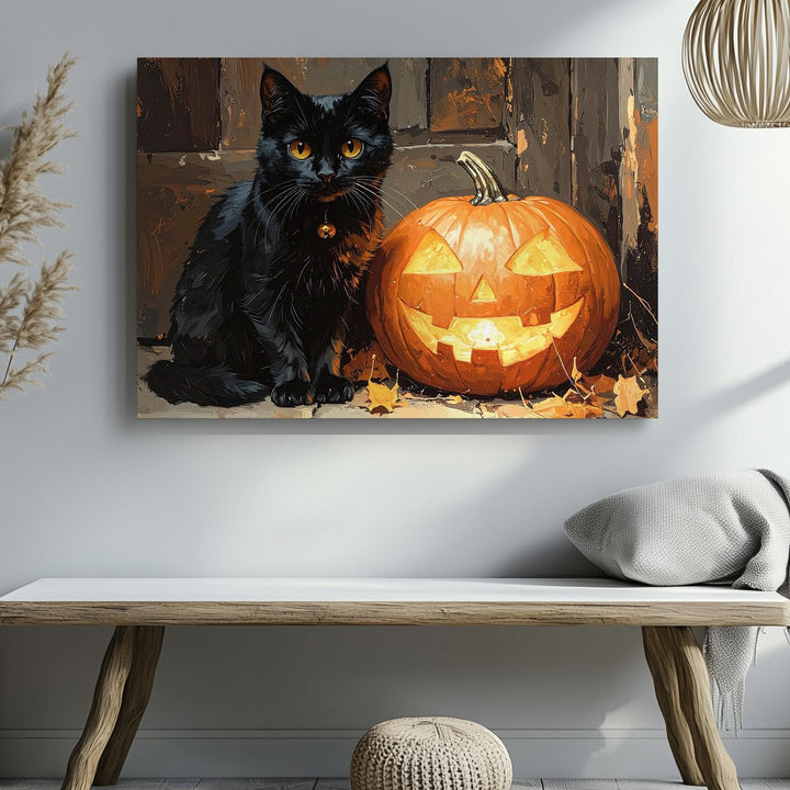 Black Cat & Glowing Pumpkin Canvas – Symmetrical Halloween Charm Wall Art - Gifitto