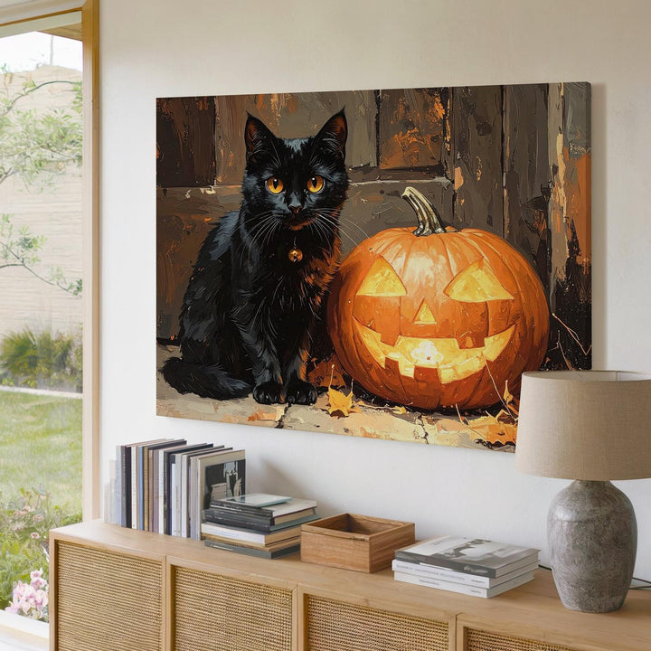 Black Cat & Glowing Pumpkin Canvas – Symmetrical Halloween Charm Wall Art - Gifitto