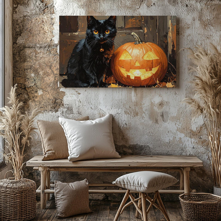 Black Cat & Glowing Pumpkin Canvas – Symmetrical Halloween Charm Wall Art - Gifitto