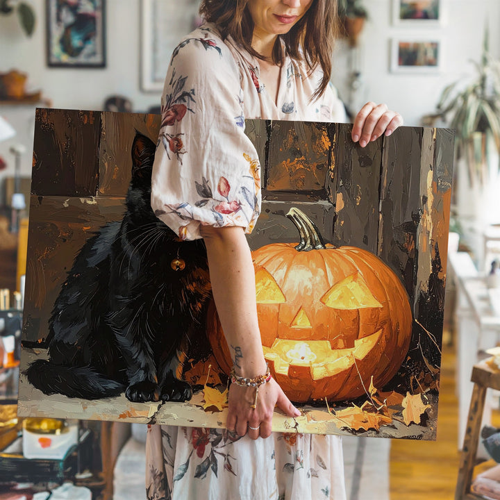 Black Cat & Glowing Pumpkin Canvas – Symmetrical Halloween Charm Wall Art - Gifitto